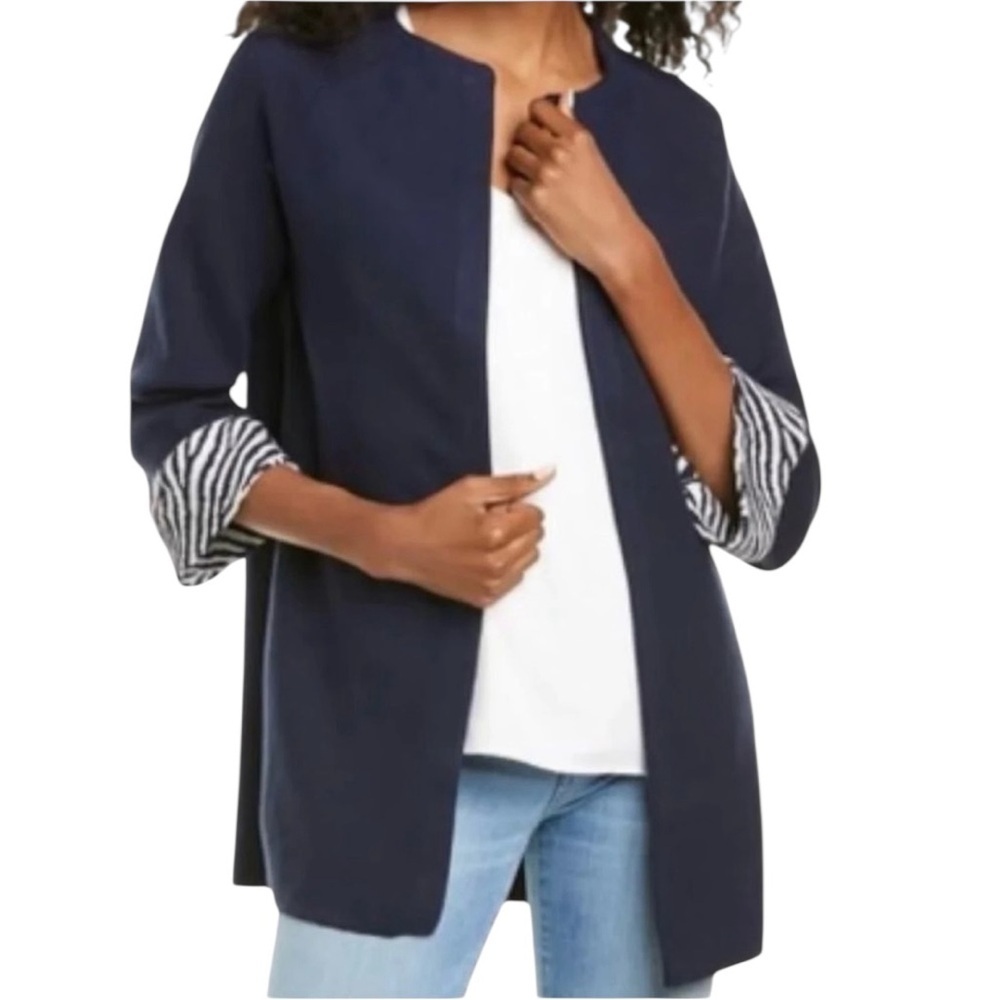 J. McLaughlin Elegant long Navy Open-Front Blazer zebra lined 3/4 sleeves S